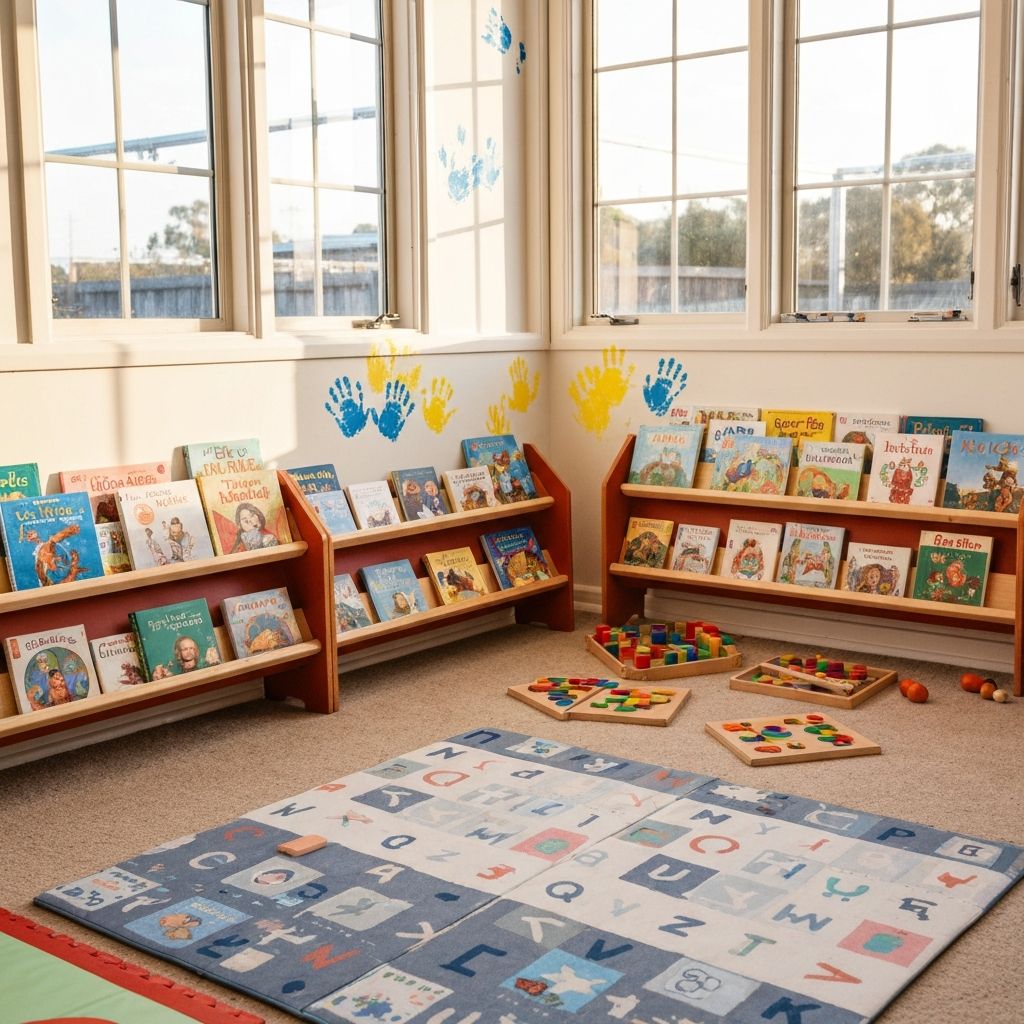 A cosy, brightly lit family daycare play space with books, soft mats and educational toys